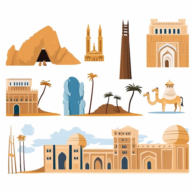 saudi arabia buildings sightseeing tourist heritage culture mosque camel mountains palm trees desert
