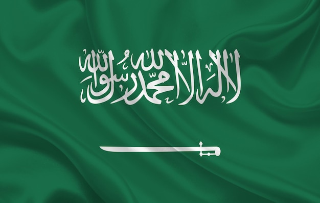 Saudi Arabia country flag on wavy silk fabric panorama background - illustration