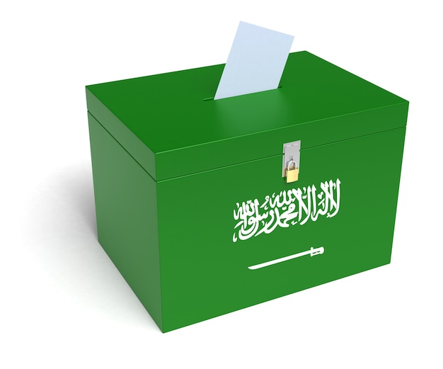 Урна для голосования под флагом Саудовской Аравии. Изолированный белый фон. 3D-рендеринг