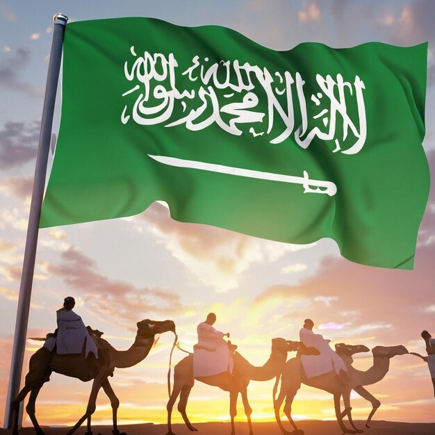 사진 깃대에 높이 펄럭이는 사우디아라비아 국기 녹색