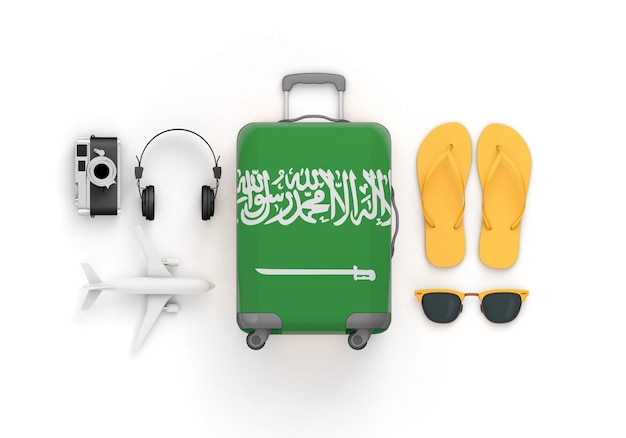 Saudi arabia flag suitcase and travel accessories lay flat d render