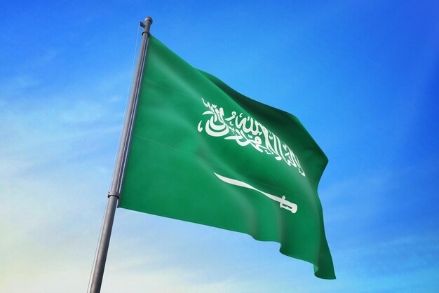 Saudi Arabia flag waving in the blue sky in the wind