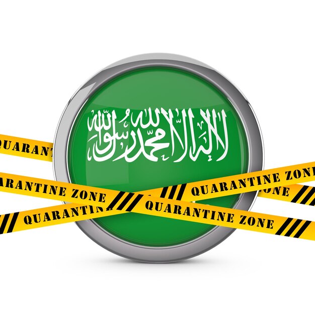 노란색 검역 경고 보안 테이프 d 렌더링 사우디 아라비아 국기