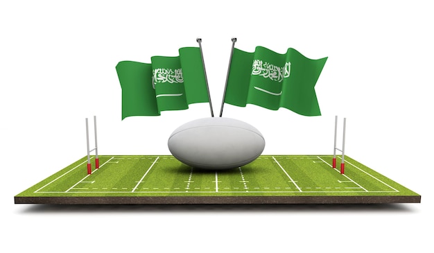 Saudi Arabia flags with a rugby ball and pitch 3D Rendering