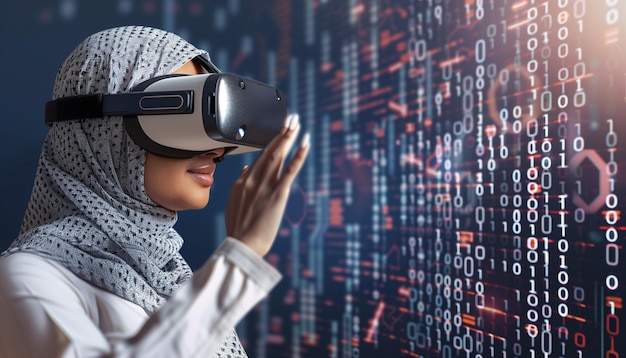 사우디 아라비아의 걸프 사업가 여성이 가상 현실을 사용하는 VR 헤드을 사용합니다.