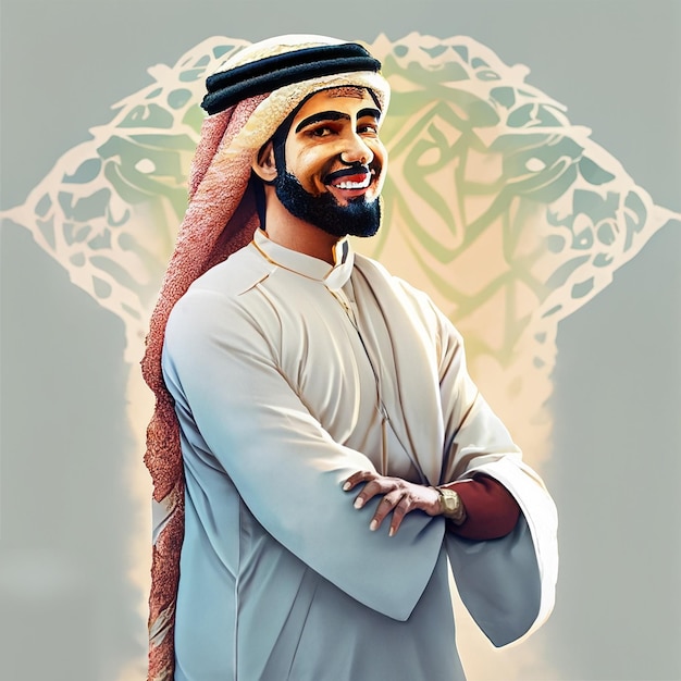 saudi arabian man standing and holding both arms together and smiling