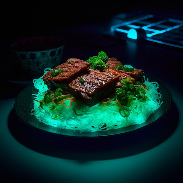 Photo saudi bbq dish presented in a fancy plate under the glow