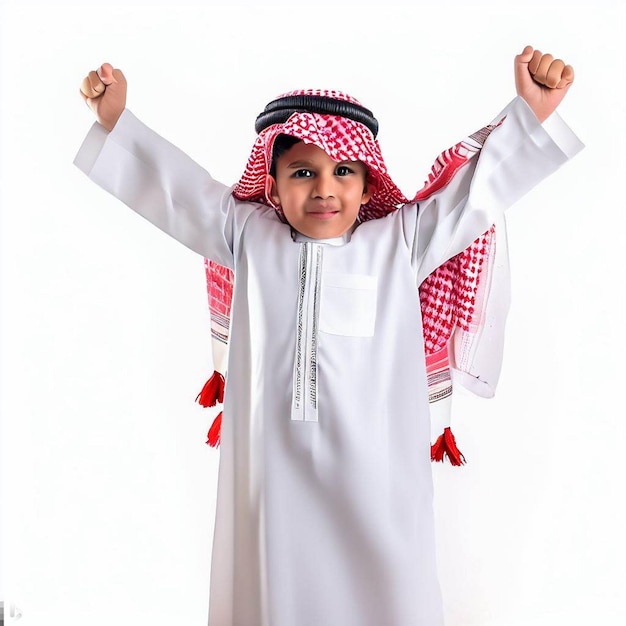 A Saudi boy wearing the official Saudi uniform and shemagh celebrating National Day