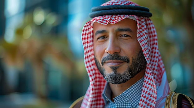 Saudi Man in Traditional Keffiyeh Against Urban Backdrop Cultural Diversity