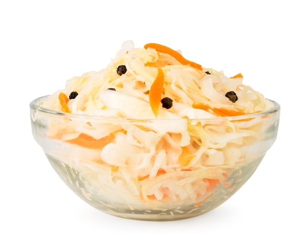 Sauerkraut in a glass plate close up isolated