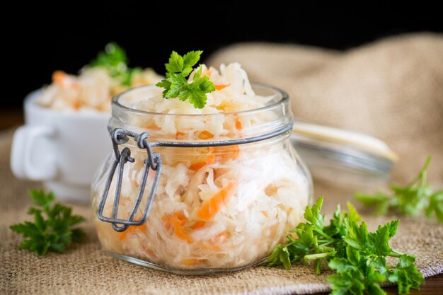 Sauerkraut with carrots and spices in a bowl