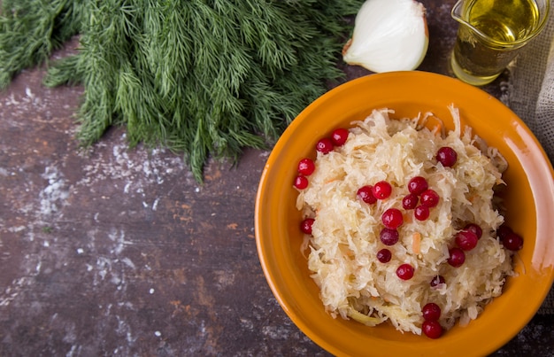 Sauerkraut with  cranberries. Top view.