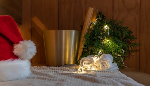 sauna accessories in the steam room. Christmas and new year, holiday vibes. Copy space