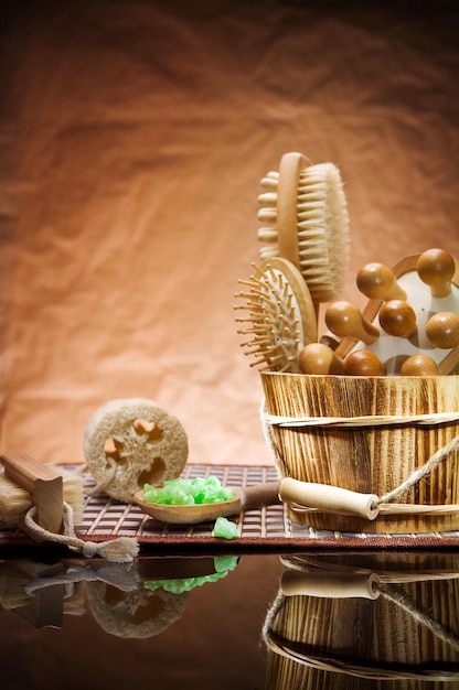 Sauna accessories on vintage background