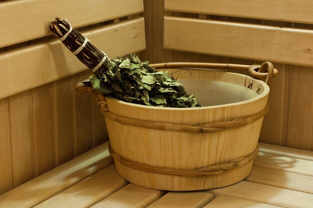 Sauna bath and sauna accessories, bucket and broom