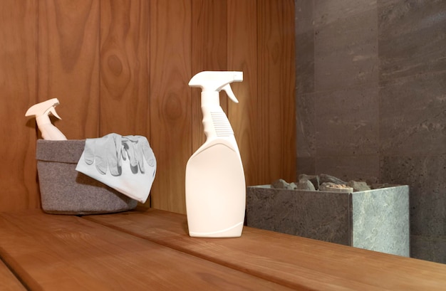 Sauna cleaning. Tools and detergents for the care of sauna and bathhouse.