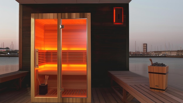 A sauna is lit up in the evening