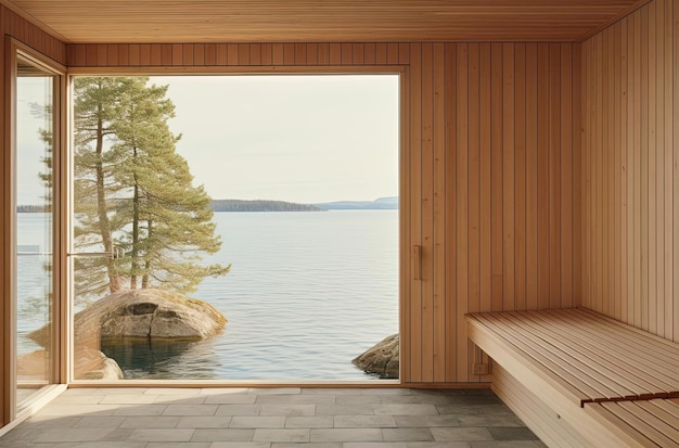 a sauna in the natural wood in the style of captivating harbor views