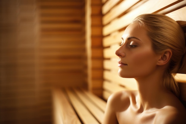 Foto sauna serenity een close-up van een tevreden vrouw in de sauna die zich koestert in de kalmerende warmte en rust van de ontspannende omgeving