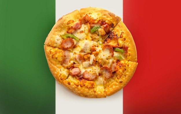 Sausage bacon Cheese pizza on green red color as italy