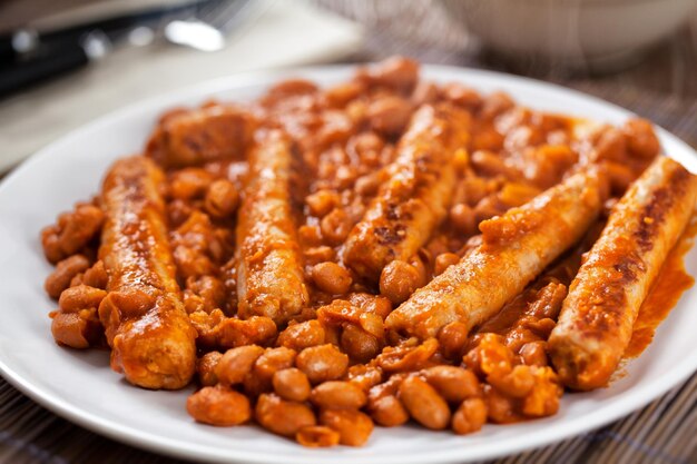 Sausage and Beans with Tomato Sauce on a plate