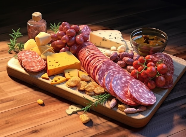 Photo sausage cheese and olives on wooden board