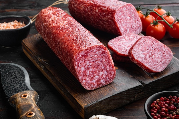 Sausage fresh rosemary and spices on old dark wooden table background