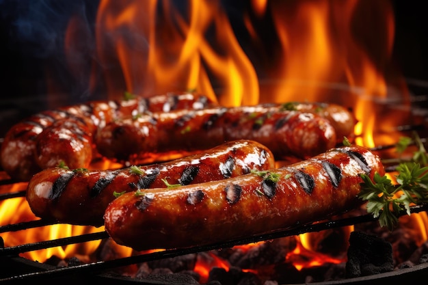 Sausage grilling on hot flames