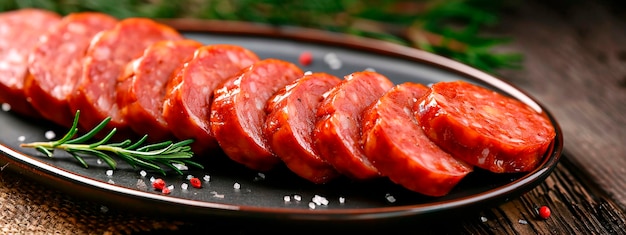 Sausage pieces on a plate Selective focus