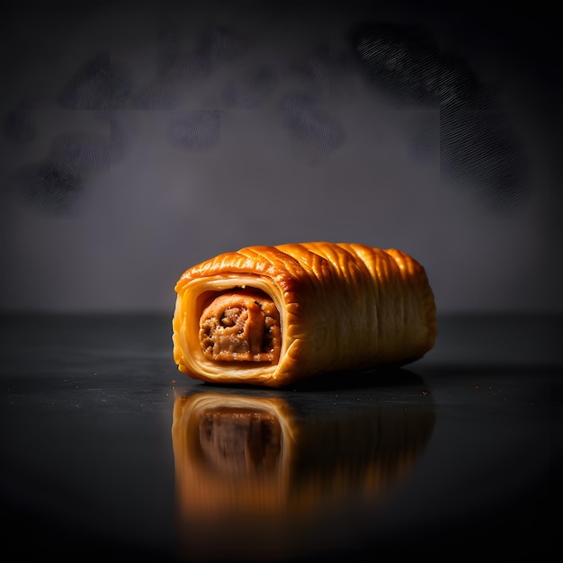 sausage roll on black background food photography made with Generative AI technology