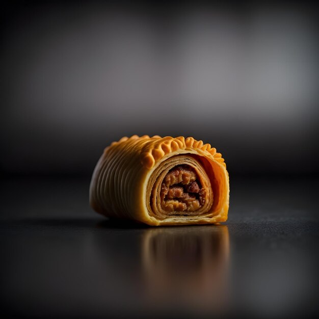 sausage roll on black background food photography made with Generative AI technology