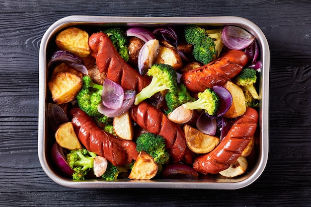 Sausage and vegetable traybake top view closeup