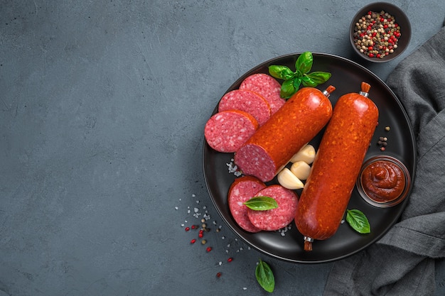 Sausage with garlic herbs and spices on a dark background