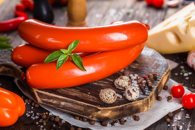 Sausage with pieces of bacon in a wrapper, whole and piece, cheese and spices cutting board