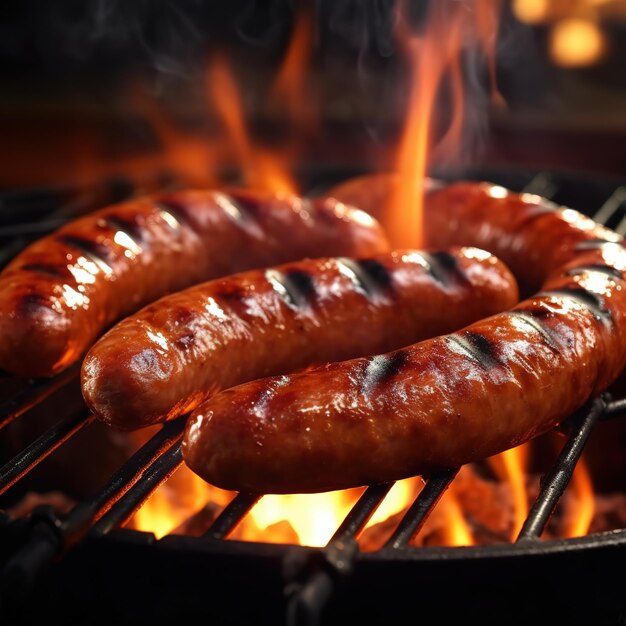 Sausages are being grilled on the grill with a blazing fire