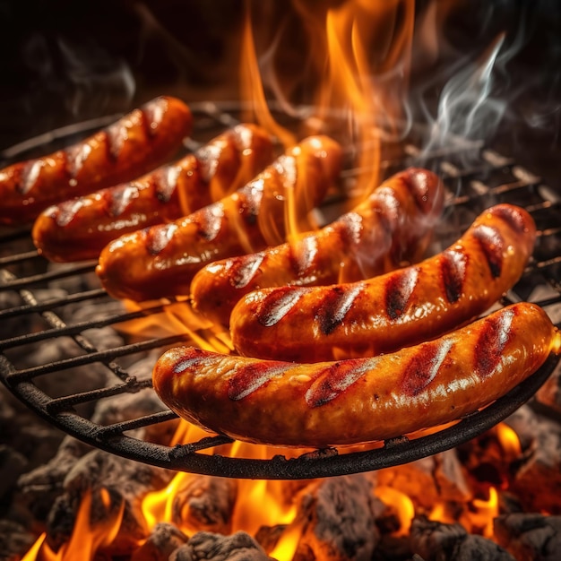 Sausages are being grilled on the grill with a blazing fire