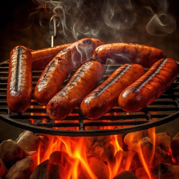 Sausages are being grilled on the grill with a blazing fire