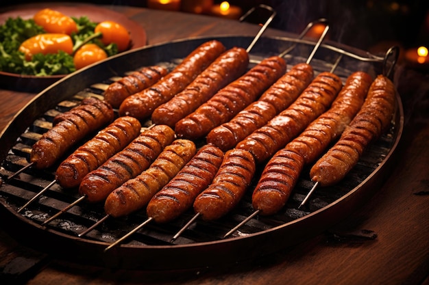 Sausages arranged on a hot grill with grill marks created with generative ai