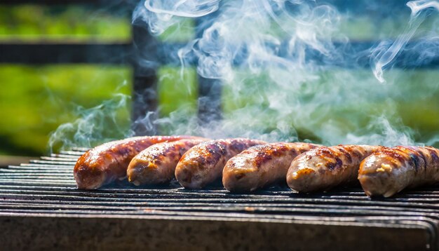 SAUSAGES ON A BBQ with smoke