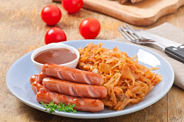 Sausages and fried cabbage