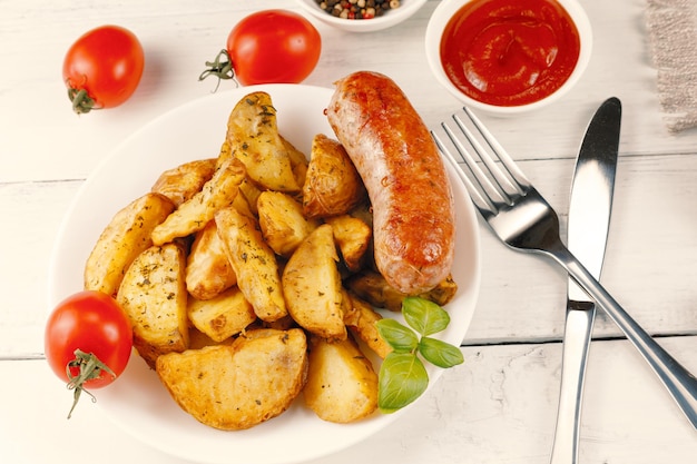 Sausages fried potatoes and ketchup tasty food hearty\
lunch