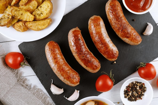 Sausages fried potatoes and ketchup tasty food hearty\
lunch