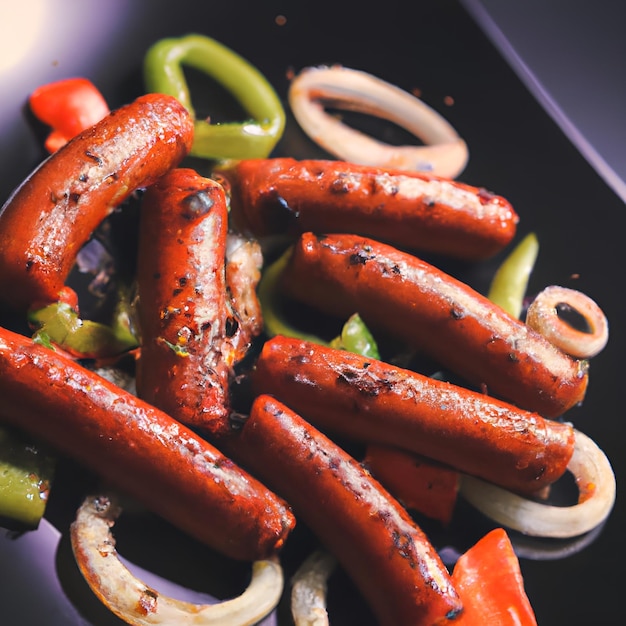 Sausages fried with peppers tomatoes and onions in a black plate on a dark background top view