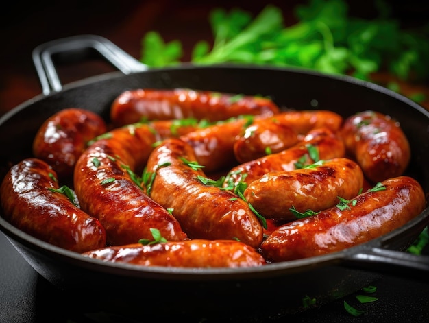 Photo sausages in a frying pan closeup shot