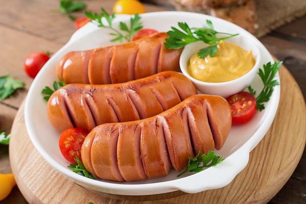 Sausages on the grill pan on the wooden table