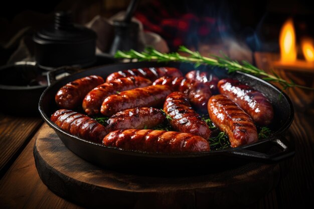 Photo sausages on the grill pan on the wooden table