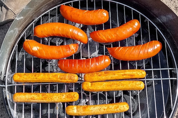 Sausages on the grill View from above