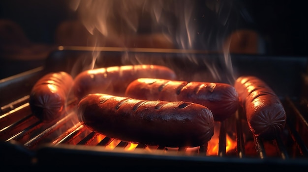 Sausages grilled on the flaming grill Picnic barbecue party or camping bbq food Generative AI