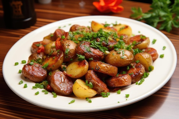 sausages and potatoes cooked in a pan