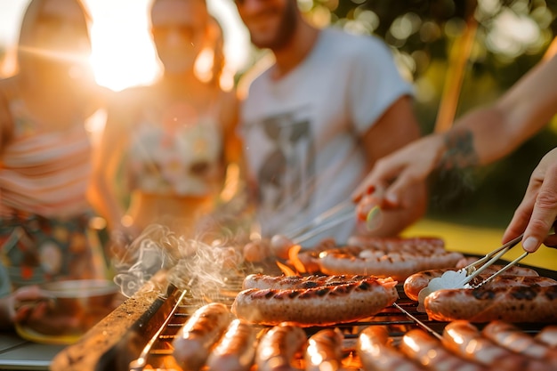 Foto le salsicce frizzanti e marroni sulla griglia del barbecue durante un delizioso picnic in famiglia